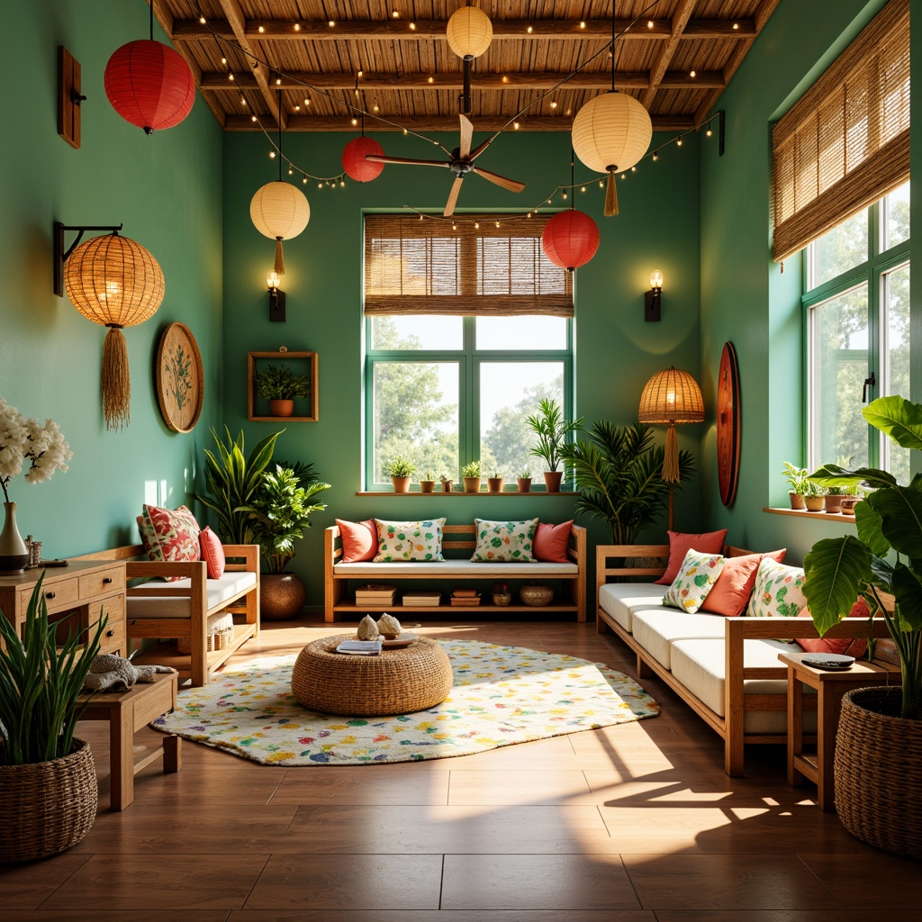 Prompt: Vibrant tropical kids' room, bright sunny day, warm soft lighting, colorful lanterns, string lights, ocean-inspired ceiling fixtures, seashell-shaped sconces, palm tree-motif table lamps, coral-patterned floor lamps, natural fiber shades, woven bamboo pendant lights, playful polka-dot textiles, fun tassel details, lively green walls, wooden surfboard-inspired decor, woven rattan furniture, exotic floral arrangements, refreshing ocean breeze ambiance.