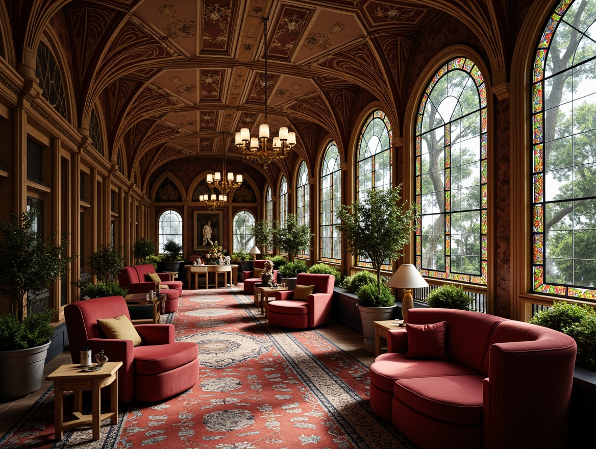 Prompt: Luxurious interior, ornate furnishings, sinuous lines, flowing curves, organic forms, botanical patterns, stained glass windows, intricate metalwork, carved wooden panels, velvet upholstery, rich jewel tones, golden accents, lavish chandeliers, soft warm lighting, shallow depth of field, 3/4 composition, realistic textures, ambient occlusion.