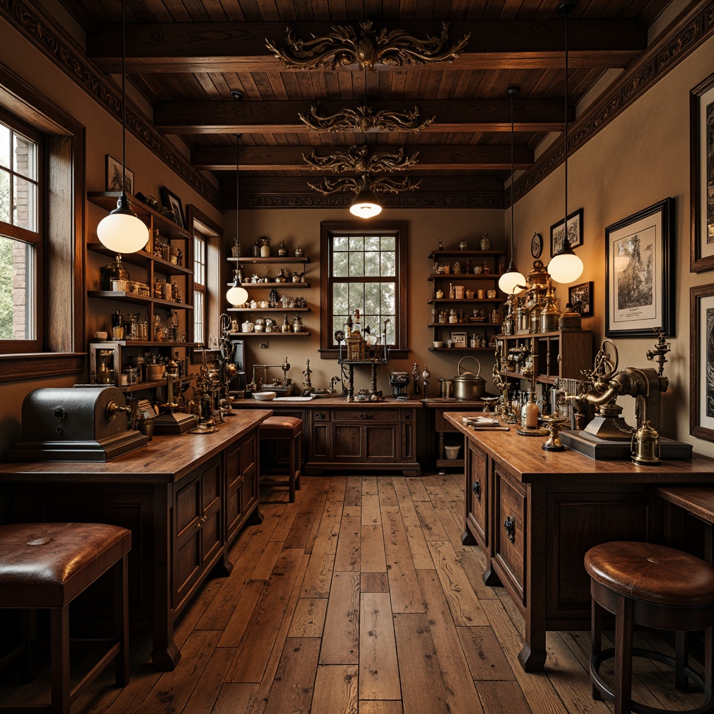 Prompt: Dark wood tones, ornate carvings, antique scientific instruments, vintage laboratory equipment, wooden workbenches, leather-bound stools, metal shelving units, distressed finishes, classic lantern-style lighting, warm beige walls, rich brown flooring, traditional cabinetry, ornamental moldings, subtle aromas of wood and chemicals, soft box lighting, shallow depth of field, 1/1 composition, realistic textures, ambient occlusion.