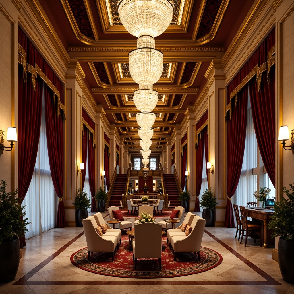 Prompt: Luxurious casino interior, ornate detailing, neoclassical architecture, grand chandeliers, intricate moldings, gilded accents, velvet drapes, marble floors, crystal sconces, regal furnishings, lavish textiles, rich wood paneling, sophisticated color palette, dramatic ceiling heights, sweeping staircases, opulent decor, warm golden lighting, shallow depth of field, 1/1 composition, realistic reflections, ambient occlusion.