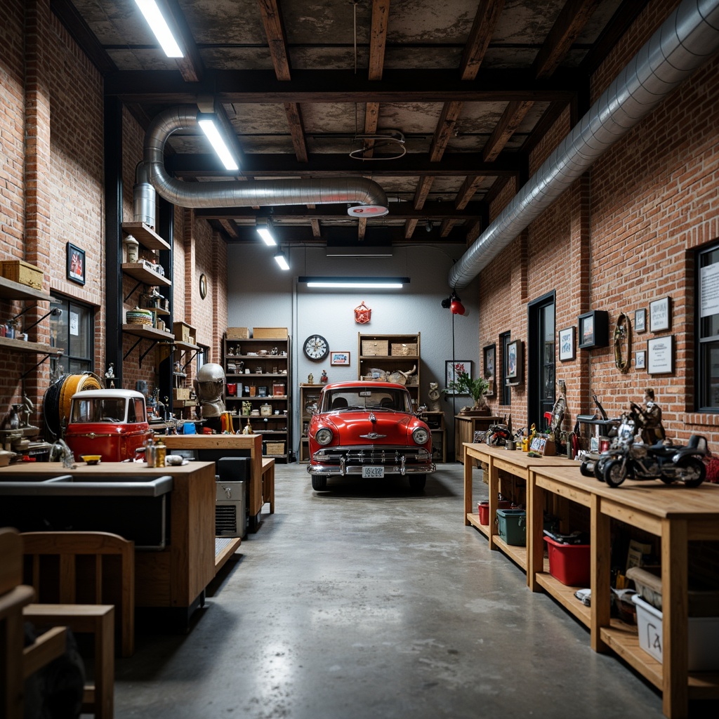 Prompt: Industrial garage interior, rustic metal tools, vintage car models, concrete floors, brick walls, wooden workbenches, modern LED lighting, bold color accents, urban loft atmosphere, gritty textures, high-contrast shadows, dramatic spotlights, 1/1 composition, realistic render, ambient occlusion.