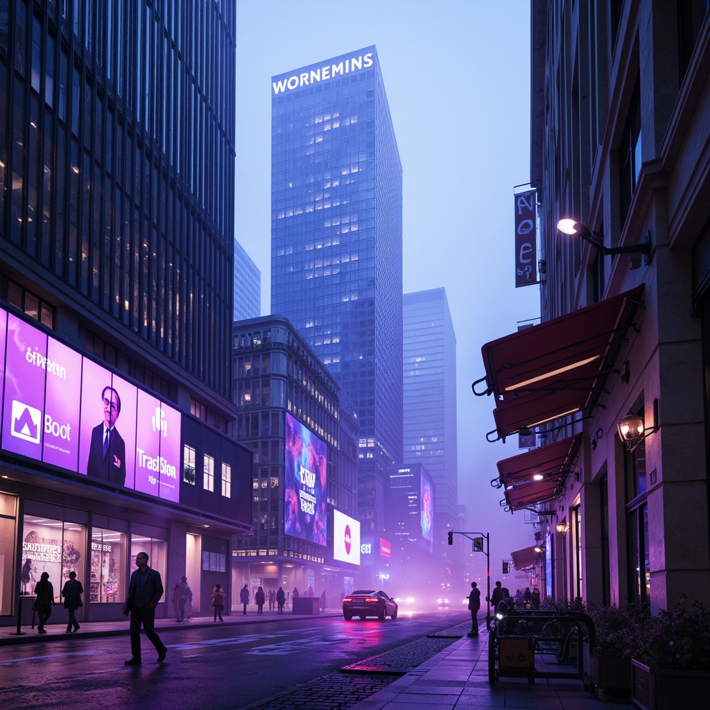 Prompt: Futuristic cityscape, neon-lit skyscrapers, holographic advertisements, levitating cars, sleek metallic surfaces, LED strip lights, glowing blue accents, foggy misty atmosphere, high-tech laboratories, robotic machinery, virtual reality interfaces, cyberpunk-inspired graffiti, vibrant purple hues, electric blue glows, futuristic street lamps, 3D projection mapping, low-key dramatic lighting, shallow depth of field, cinematic composition.