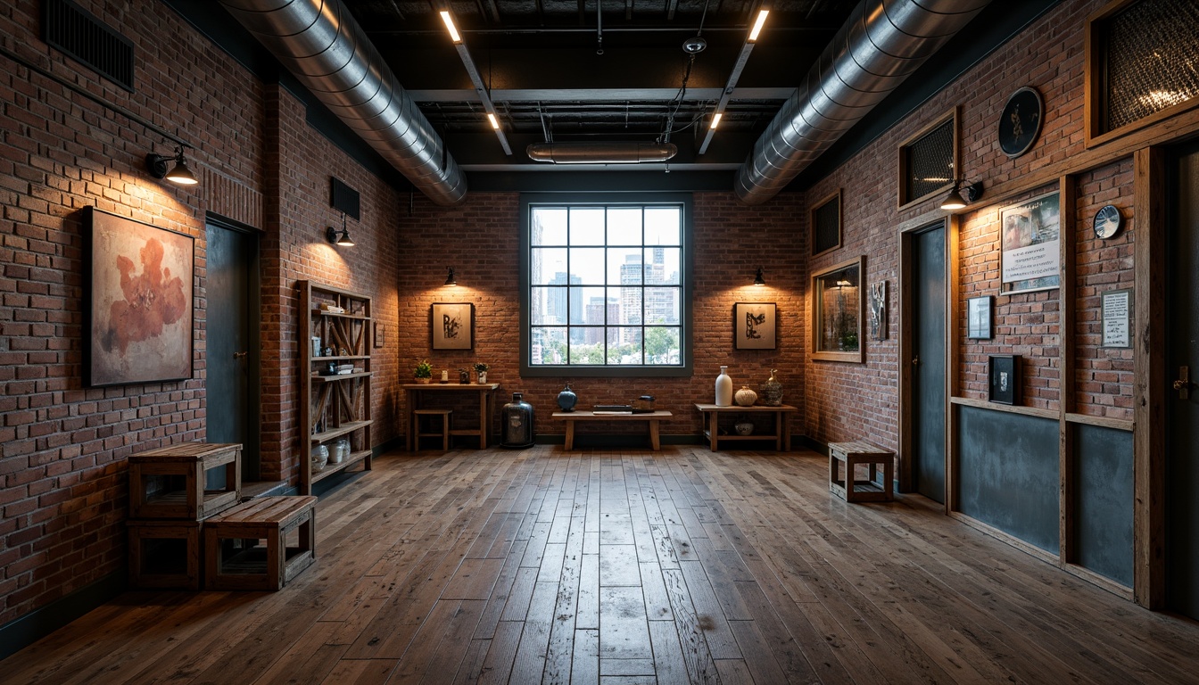 Prompt: Exposed brick walls, metal beams, industrial pipes, distressed wood floors, reclaimed wooden crates, vintage factory lights, metal mesh panels, rusted steel accents, urban cityscape views, overcast skies, dramatic shadows, high contrast lighting, 1/2 composition, gritty textures, realistic reflections.