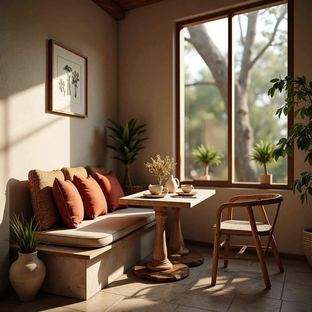 Prompt: Cozy breakfast nook, rustic wooden tables, plush velvet cushions, woven rattan chairs, natural stone flooring, earthy tone walls, warm ambient lighting, soft morning sunlight, shallow depth of field, 3/4 composition, inviting atmosphere, textured ceramic vases, potted greenery, woven baskets, modern minimalist decor, soft pastel colors, subtle geometric patterns.