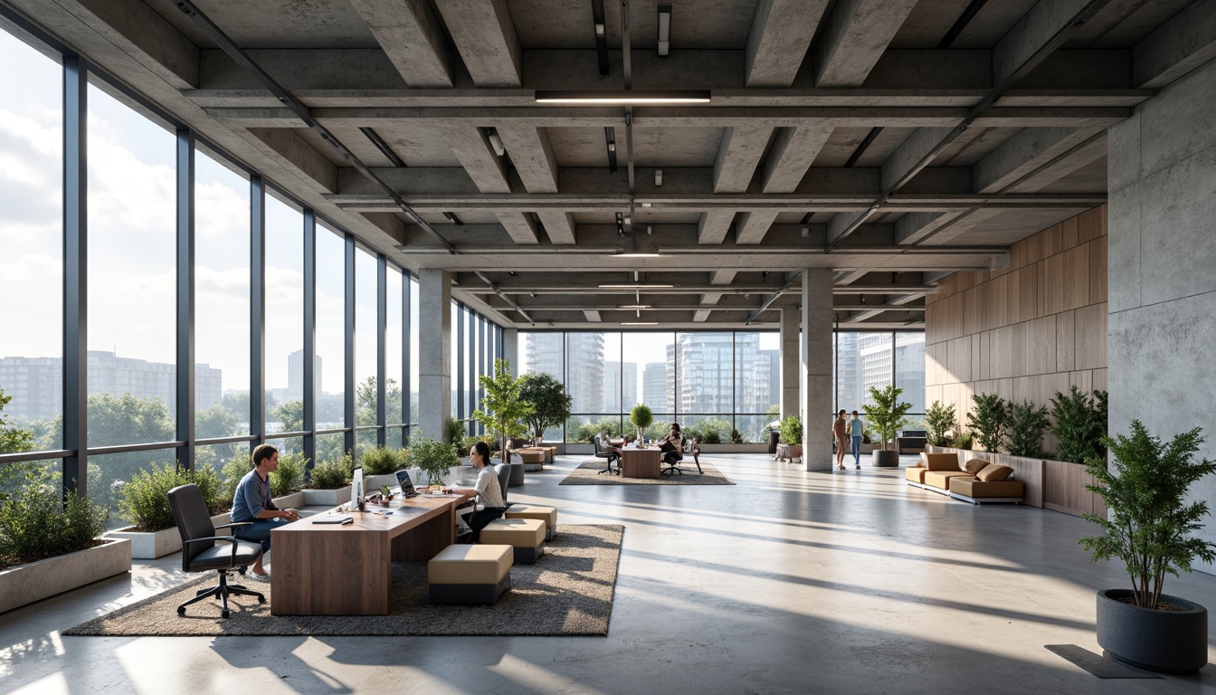 Prompt: Modern office space, open floor plan, minimal partitions, collaborative workstations, ergonomic furniture, natural light influx, floor-to-ceiling windows, polished concrete floors, sleek metal accents, geometric ceiling design, suspended lighting fixtures, 3/4 composition, shallow depth of field, panoramic view, realistic textures, ambient occlusion.