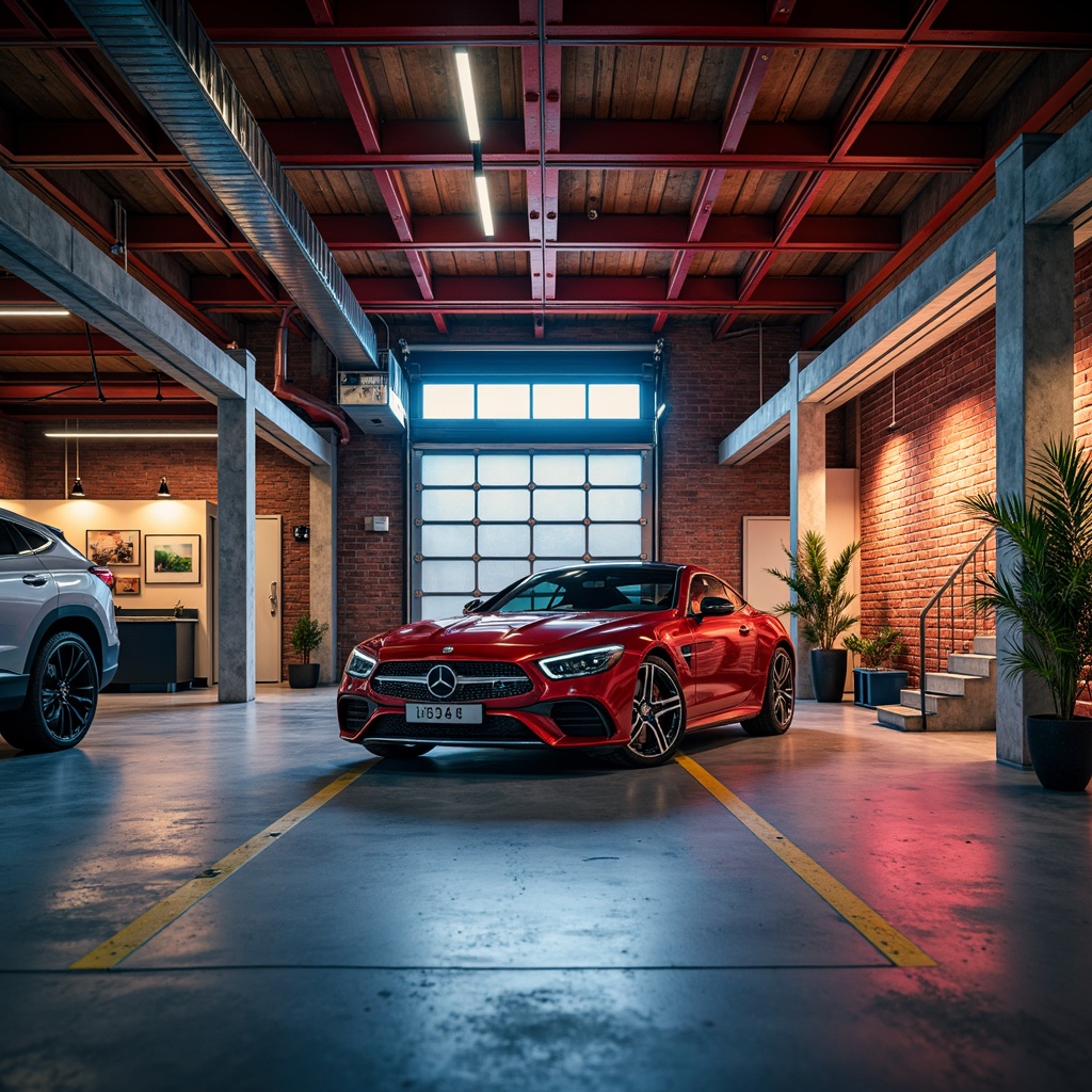 Prompt: Vibrant garage interior, industrial-style metal beams, exposed brick walls, polished concrete floors, modern LED lighting, bold color schemes, bright accents, contrasting shades, energetic atmosphere, dynamic shadows, warm beige tones, deep blues, rich reds, metallic silvers, high-gloss finishes, detailed textures, realistic reflections, shallow depth of field, 2/3 composition, soft focus effect.