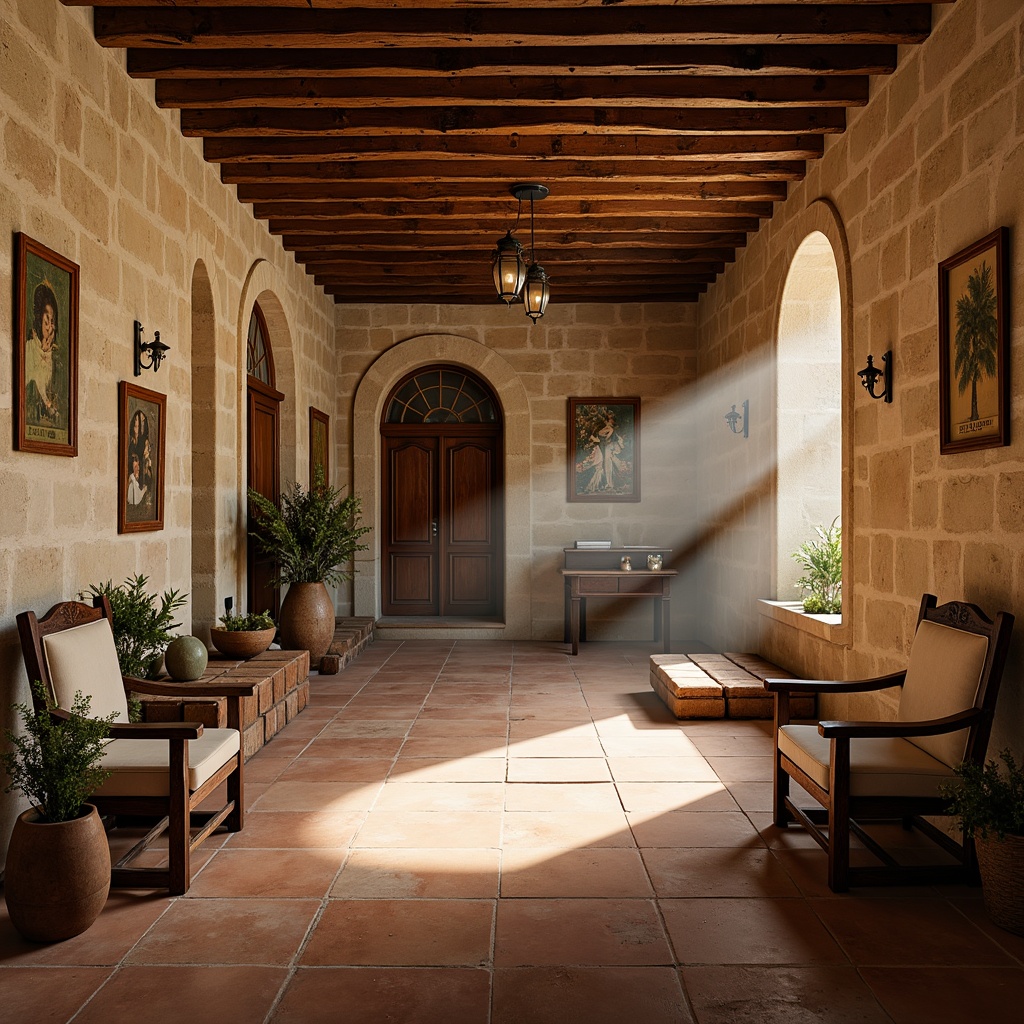 Prompt: Warm monastery interior, soft natural light, rustic stone walls, wooden beam ceilings, terra cotta floors, arched windows, ornate wooden doors, vintage furniture, distressed finishes, earthy color palette, calming atmosphere, serene ambiance, gentle warm lighting, shallow depth of field, 1/1 composition, realistic textures, ambient occlusion.