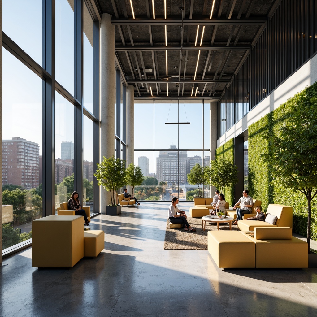 Prompt: Optimized office layout, collaborative workspaces, minimalist decor, natural light influx, floor-to-ceiling windows, sleek metal frames, polished concrete floors, ergonomic furniture, acoustic panels, green walls, urban cityscape views, morning sunlight, softbox lighting, shallow depth of field, 2/3 composition, realistic textures, ambient occlusion.