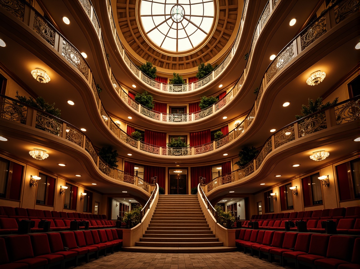 Prompt: Elegant opera house interior, grand staircase, sweeping curves, ornate balconies, lavish chandeliers, crystal glass railings, intricate metalwork details, plush red velvet seats, gilded accents, dramatic spotlights, warm golden lighting, shallow depth of field, 1/2 composition, symmetrical architecture, refined ornateness, luxurious textiles, opulent furnishings, subtle color palette, sophisticated ambiance.