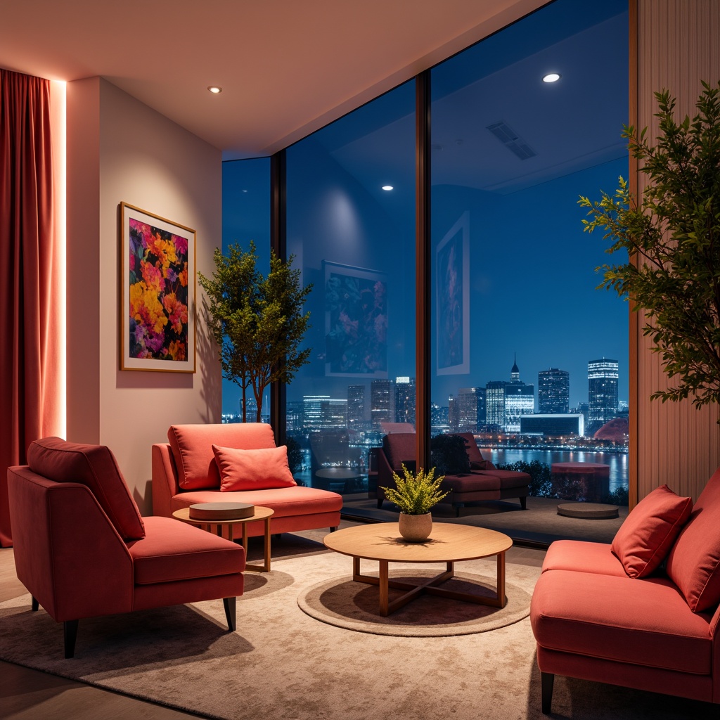 Prompt: Vibrant navy blue accents, bright coral hues, creamy white walls, warm golden lighting, luxurious velvet textures, modern minimalist decor, sleek metal frames, bold geometric patterns, sophisticated urban ambiance, dramatic nighttime cityscape, atmospheric misty effects, cinematic 3/4 composition, shallow depth of field, realistic reflections.