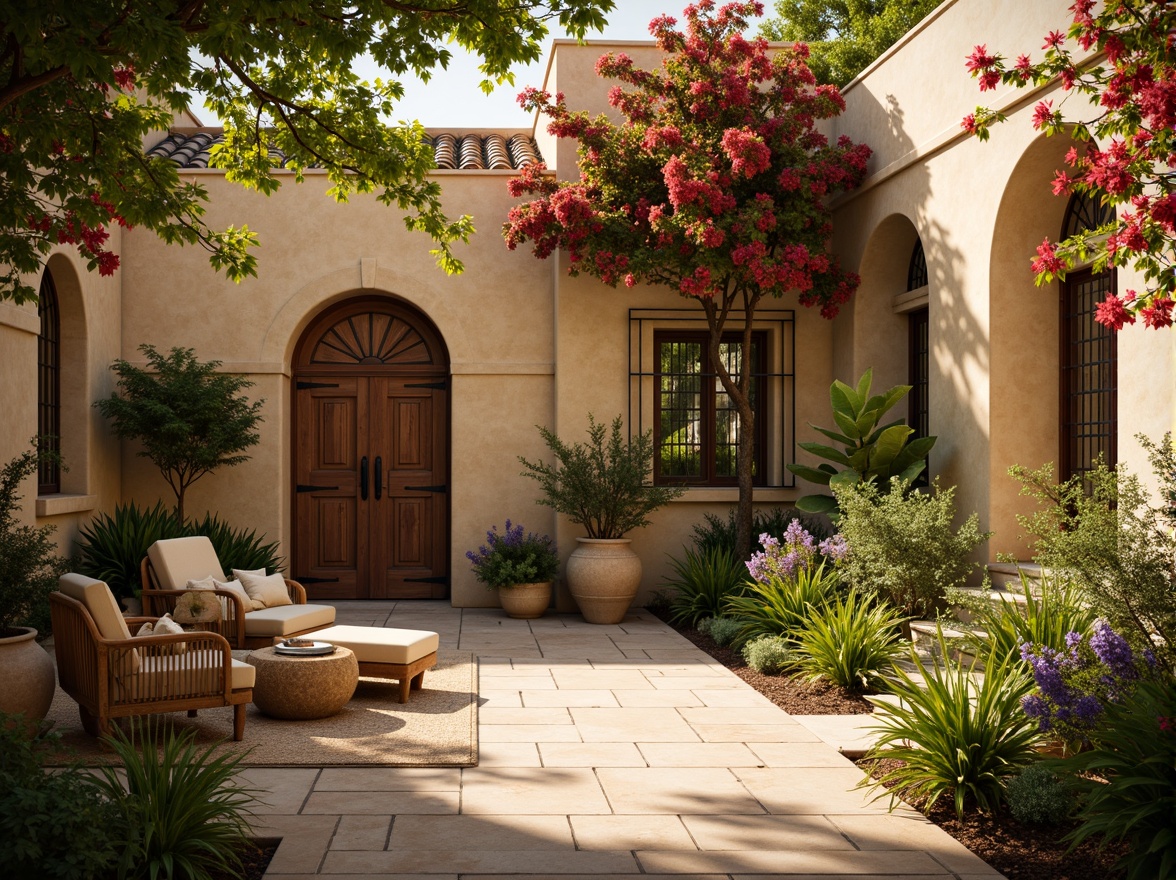 Prompt: Warm beige stone walls, rustic wooden doors, ornate ironwork, tranquil courtyard, lush greenery, vibrant bougainvillea, soft sunlight, warm golden lighting, shallow depth of field, 1/1 composition, realistic textures, ambient occlusion, serene atmosphere, peaceful ambiance, natural materials, earthy tones, Mediterranean-inspired architecture, terracotta roofs, arched windows, ornate tile work, rustic furniture, woven textiles, simple elegant decor.