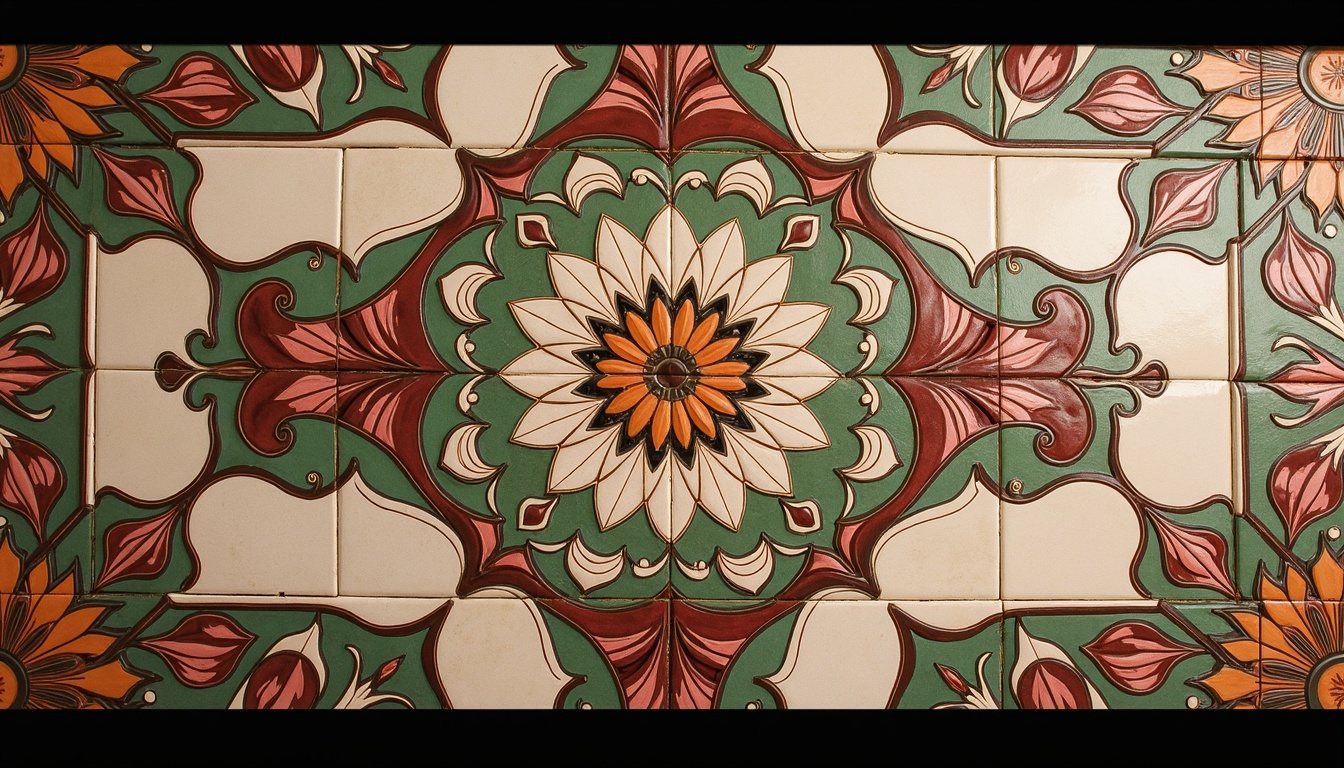 Prompt: Intricate floral motifs, organic shapes, sinuous lines, ornate ceramic tiles, earthy color palette, natural stone accents, subtle texture variations, metallic inlays, iridescent glazes, soft warm lighting, shallow depth of field, 1/1 composition, realistic reflections, ambient occlusion.