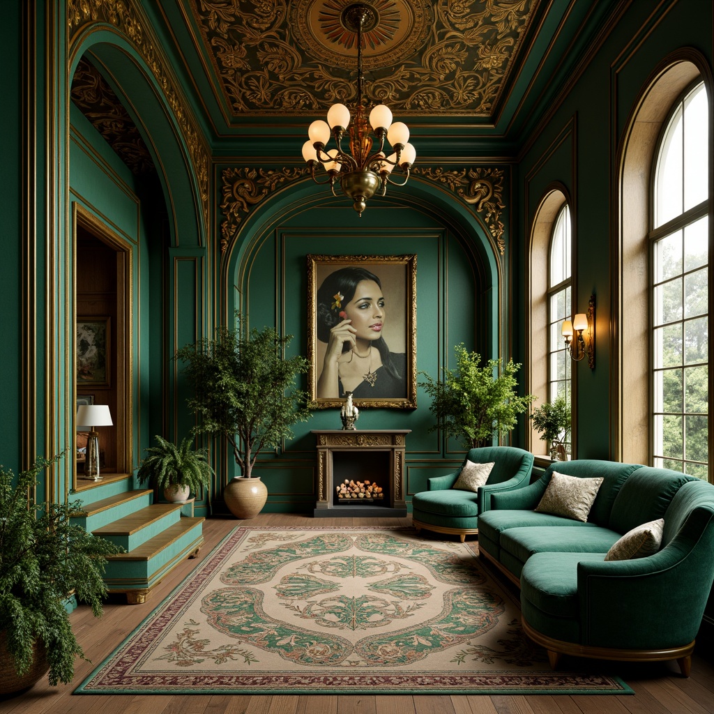 Prompt: Whimsical Art Nouveau interior, sinuous lines, flowing curves, ornate furnishings, luxurious velvet fabrics, rich jewel-toned colors, emerald green walls, golden accents, bronze hardware, intricate wood carvings, organic shapes, botanical patterns, soft warm lighting, shallow depth of field, 1/1 composition, realistic textures, ambient occlusion.