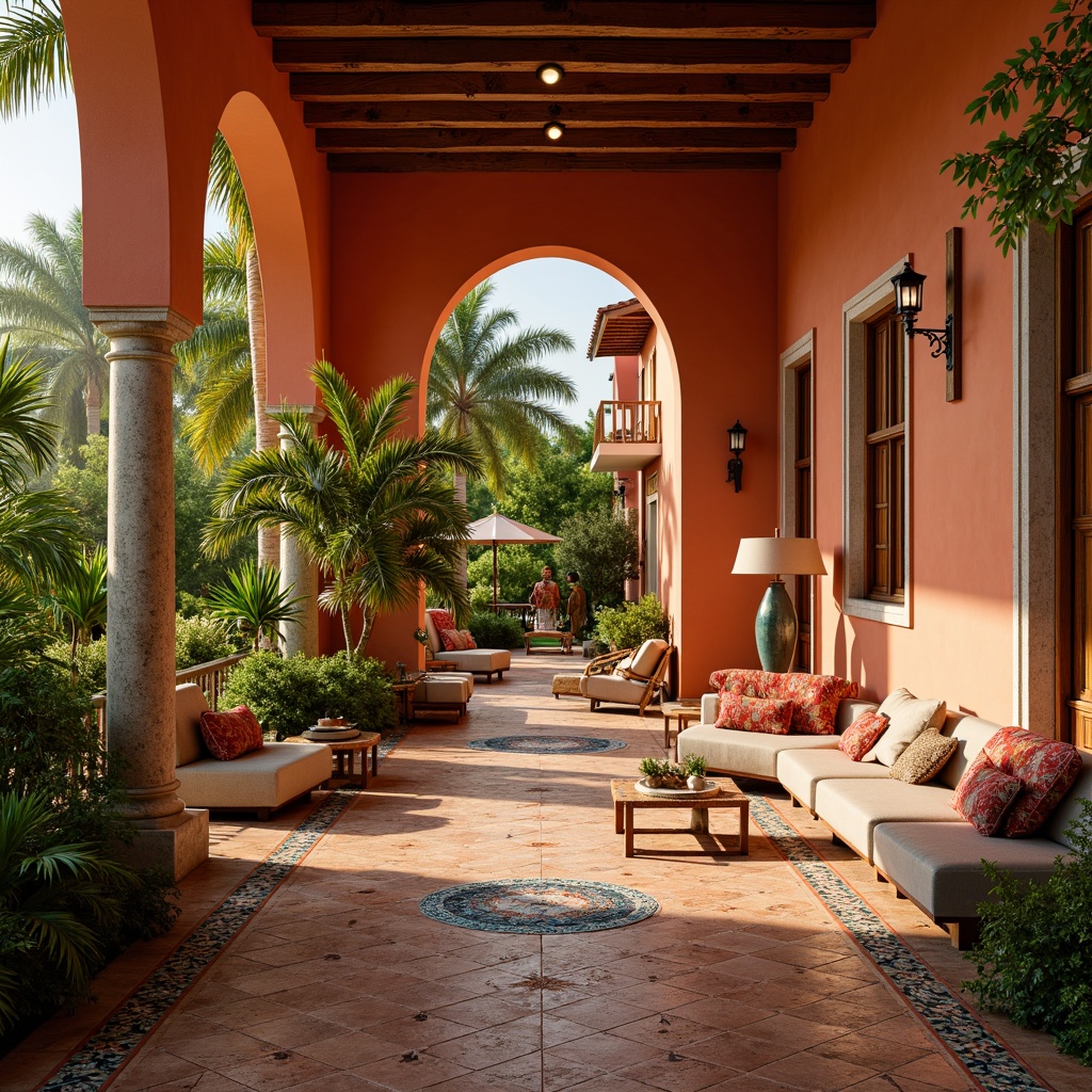 Prompt: Vibrant persimmon walls, rich terracotta floors, warm beige furniture, lush greenery, exotic palm trees, Moroccan-inspired tiles, intricate geometric patterns, colorful textiles, eclectic decorative accents, natural stone archways, rustic wooden doors, soft golden lighting, shallow depth of field, 3/4 composition, panoramic view.