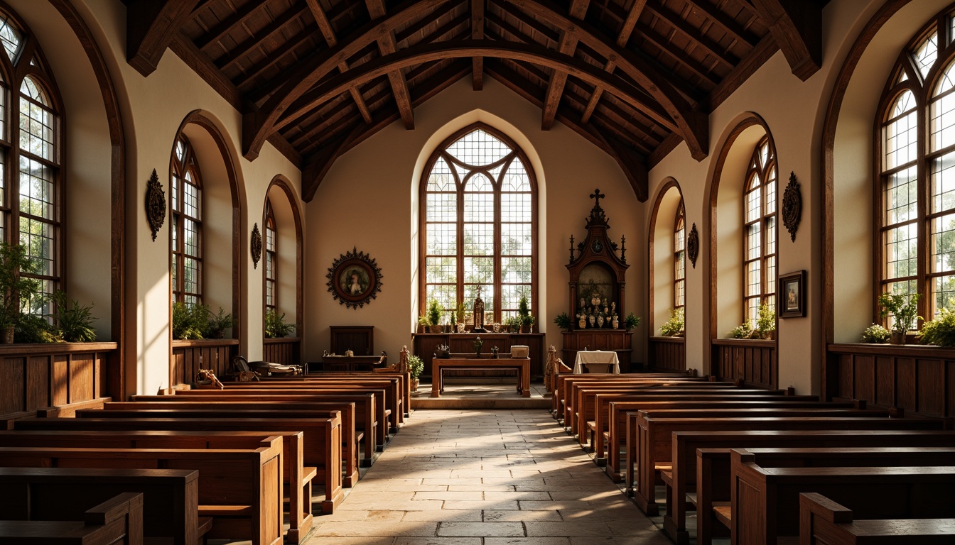 Prompt: Rustic vernacular church, warm natural light, stained glass windows, wooden pews, stone floors, vaulted ceilings, ornate altarpieces, intricate carvings, serene atmosphere, soft warm colors, subtle shadows, high contrast ratio, 1/2 composition, symmetrical framing, diffused lighting, ambient occlusion, realistic textures.