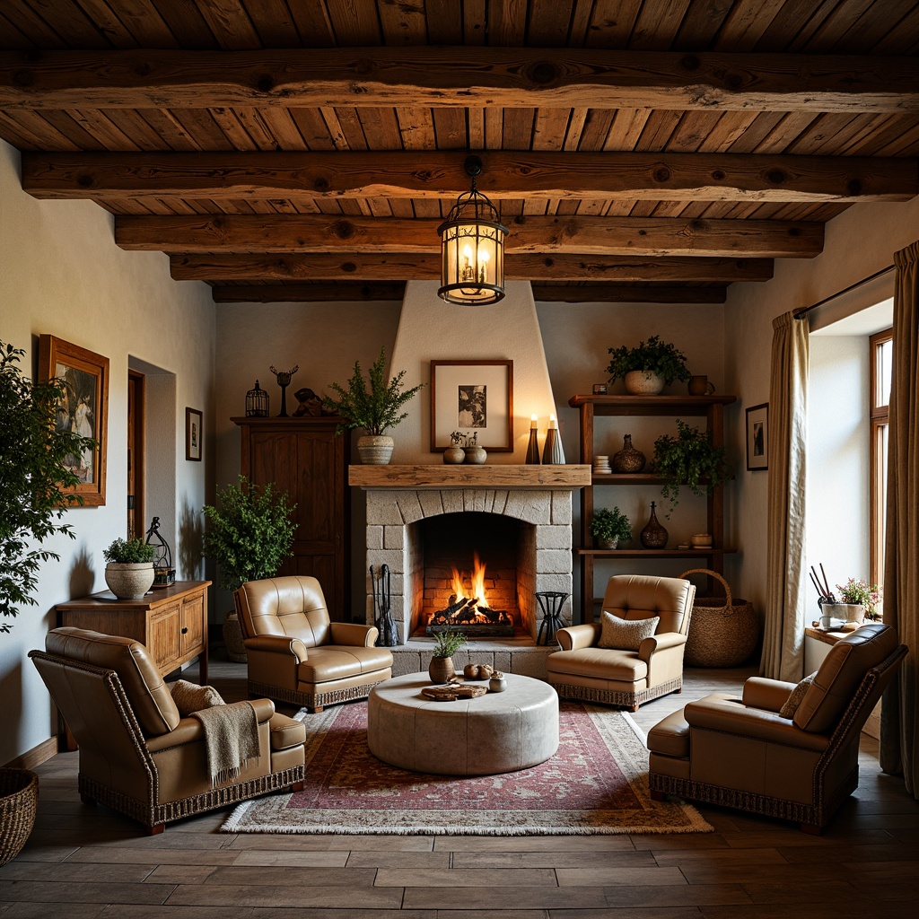 Prompt: Cozy farmhouse, rustic wooden beams, vintage metal lanterns, distressed stone walls, earthy tone color palette, natural textiles, woven baskets, potted plants, antique farm tools, worn leather armchairs, soft candlelight, warm fireplace, crackling wood sounds, 1/1 composition, shallow depth of field, soft focus, warm golden lighting, realistic wood grain textures.