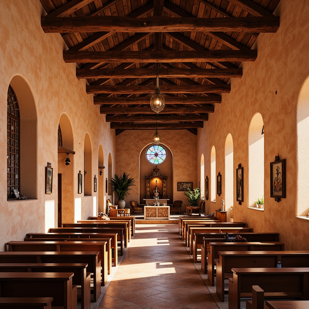 Prompt: Vibrant adobe churches, wooden beams, ornate vigas, rustic wooden pews, decorative tinwork, colorful stained glass windows, intricate stone carvings, hand-painted frescoes, vaulted ceilings, golden accents, warm earthy tones, soft diffused lighting, 1/1 composition, intimate atmosphere, authentic textures, subtle shading.