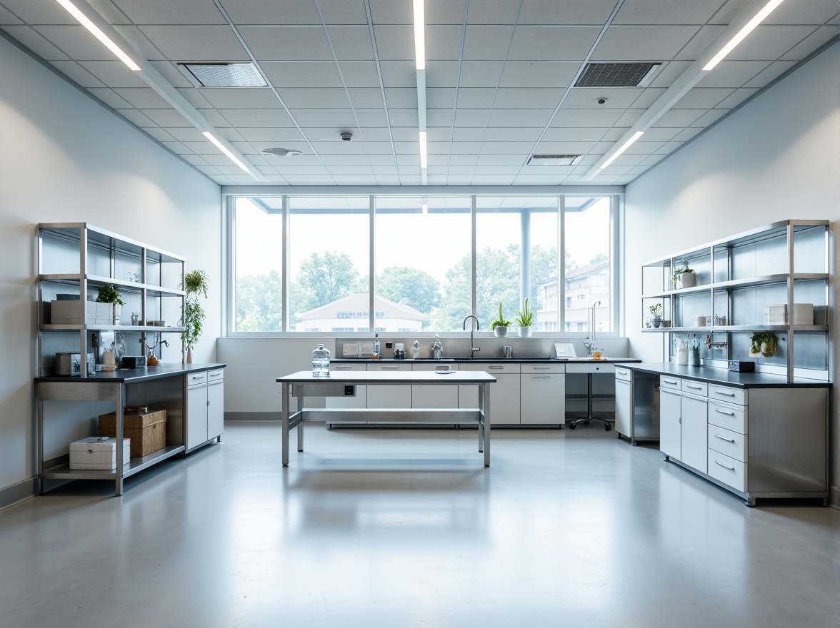 Prompt: Modern laboratory interior, clean white walls, epoxy resin flooring, stainless steel workstations, high-gloss cabinetry, frosted glass partitions, LED task lighting, adjustable shelving systems, durable ceramic tiles, sterile environments, minimal ornamentation, sleek metal accents, industrial-chic design aesthetic, neutral color palette, subtle textures, functional layout, ample natural light, 1/2 composition, shallow depth of field.