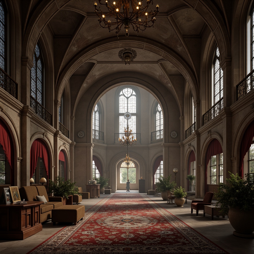 Prompt: Grandiose archways, ornate carvings, vaulted ceilings, stained glass windows, dramatic chandeliers, rich tapestries, opulent furnishings, intricate stone patterns, mysterious ambiance, soft warm lighting, atmospheric fog, 1/1 composition, symmetrical framing, realistic textures, ambient occlusion.