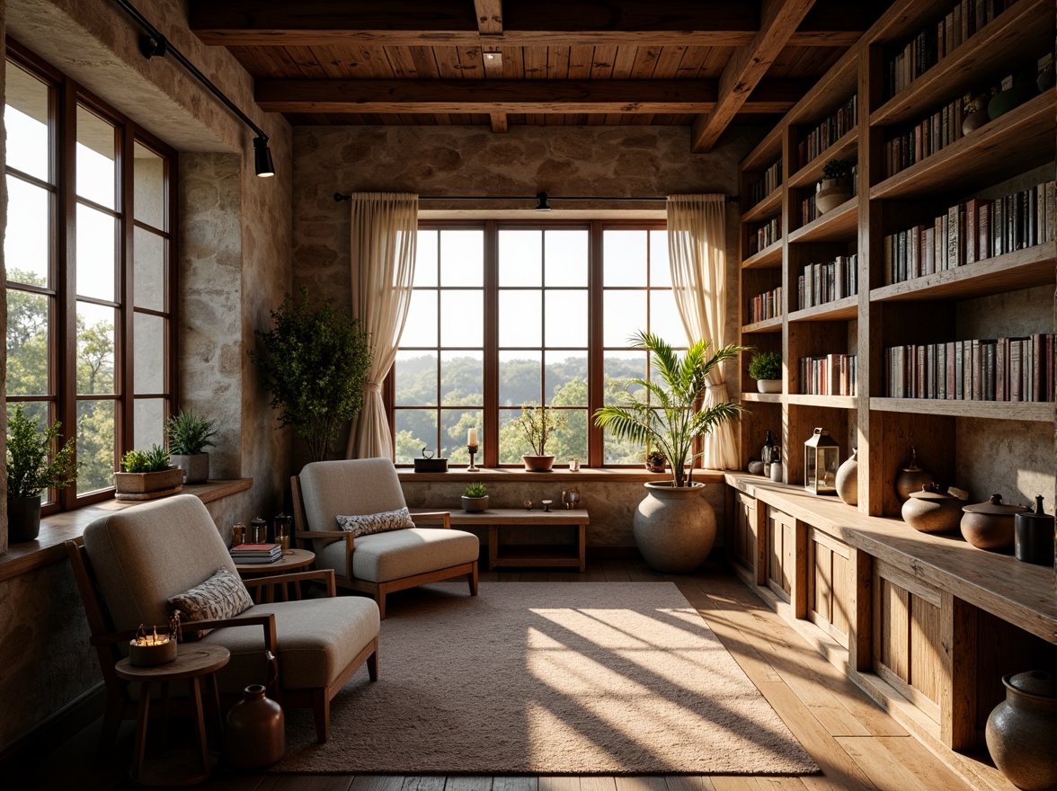 Prompt: Cozy farmhouse library, vintage wooden bookshelves, rustic metal lanterns, warm soft lighting, candlelit ambiance, comfortable reading nooks, plush armchairs, earthy color palette, natural stone walls, exposed wooden beams, floor-to-ceiling windows, breathtaking countryside views, sunny afternoon, gentle warm glow, shallow depth of field, 1/1 composition, realistic textures, ambient occlusion.