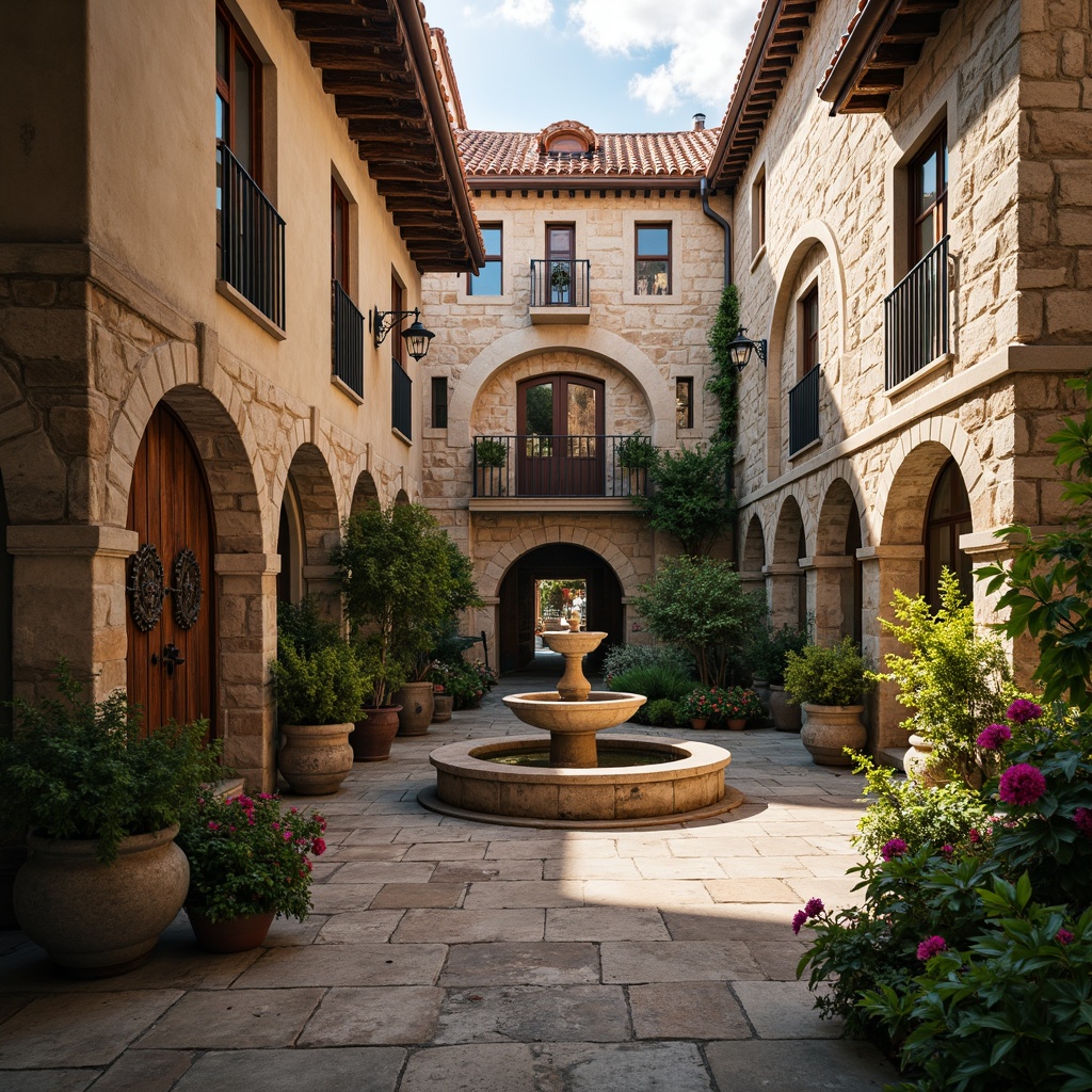 Prompt: Rustic monastery walls, weathered stone fa\u00e7ade, ornate arches, wooden accents, terracotta rooftops, lush greenery, vibrant bougainvillea, tranquil courtyard, serene fountain, soft warm lighting, natural stone flooring, distressed wood doors, wrought iron details, Mediterranean-inspired ceramics, earthy color palette, rustic textures, ambient occlusion, shallow depth of field, 3/4 composition, panoramic view.