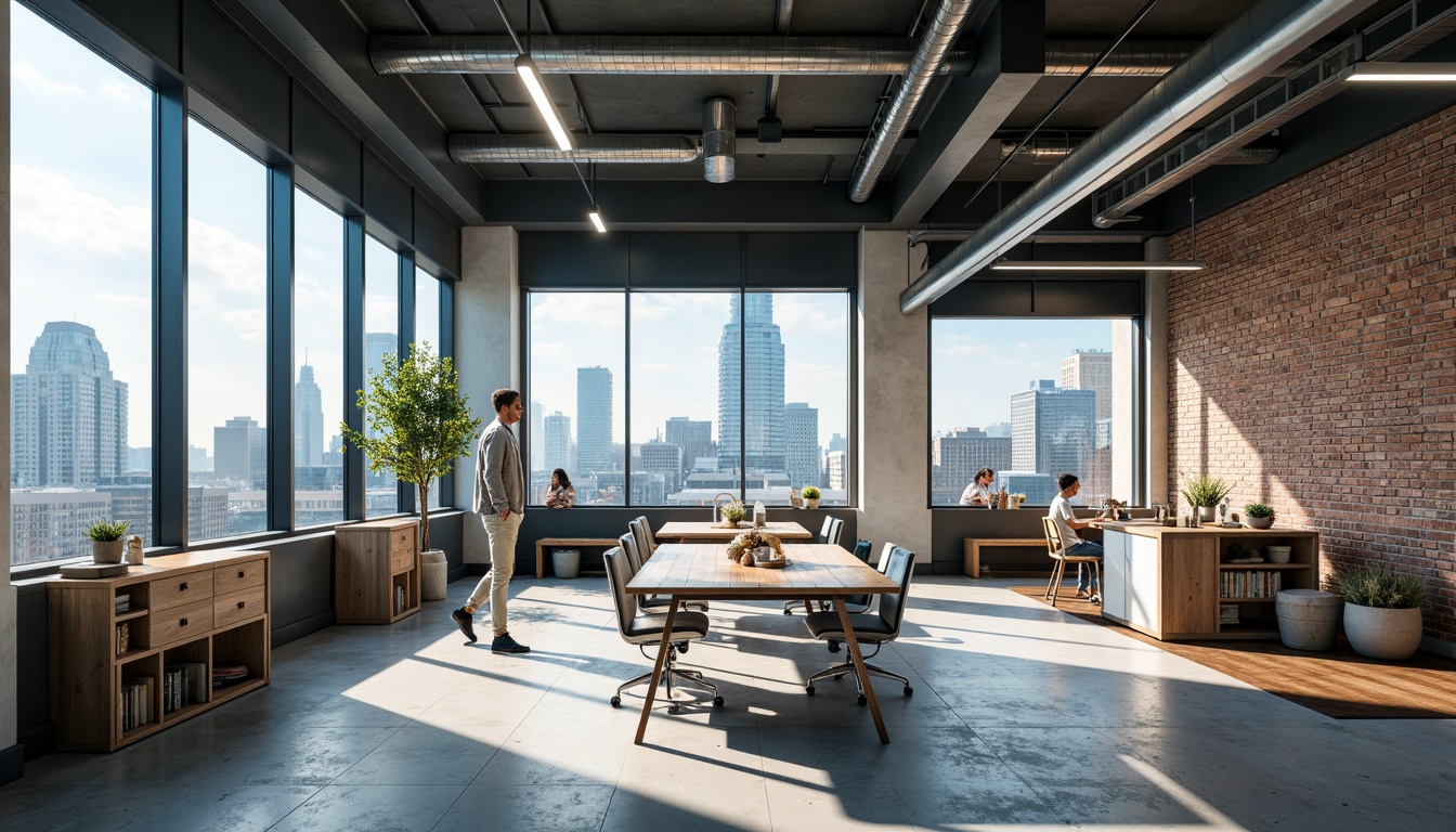 Prompt: Vibrant modern office, sleek wooden desks, ergonomic chairs, minimalist decor, calming blue tones, creamy whites, rich wood accents, natural light pouring in, floor-to-ceiling windows, urban cityscape views, trendy industrial chic, exposed brick walls, metal beams, cozy reading nooks, warm task lighting, 1/1 composition, shallow depth of field, soft focus, realistic textures.