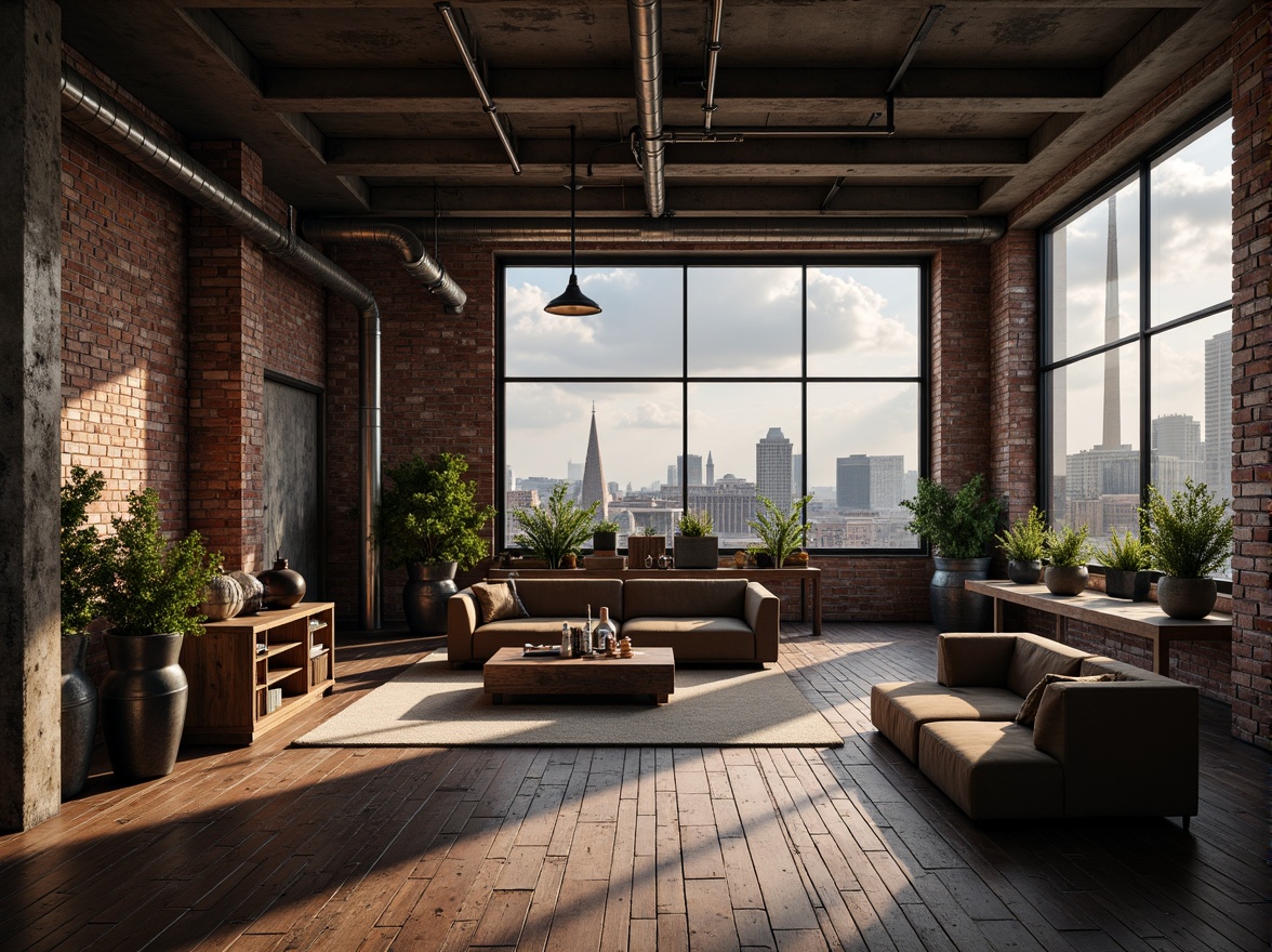 Prompt: Rustic industrial warehouse, exposed brick walls, metal beams, reclaimed wood floors, vintage machinery, distressed textures, urban cityscape, cloudy sky, warm softbox lighting, shallow depth of field, 2/3 composition, cinematic view, realistic wear and tear, ambient occlusion, metallic accents, Edison bulbs, concrete columns, functional pipes, industrial chic decor, modern minimalist furniture, neutral color palette.