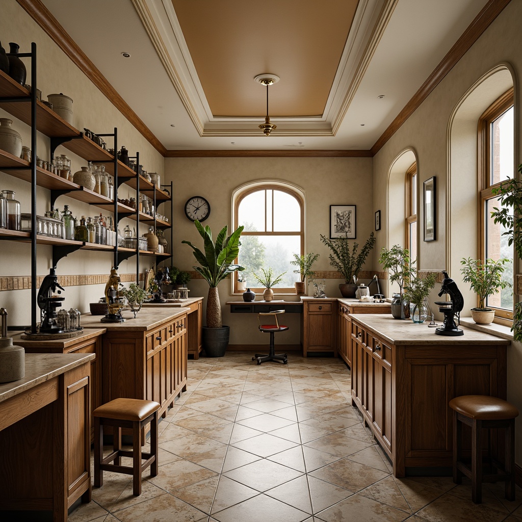 Prompt: Traditional laboratory interior, Terrazzo flooring, creamy white walls, wooden cabinetry, antique scientific instruments, vintage microscopes, rustic metal shelving, earthy tone color scheme, natural stone accents, warm soft lighting, shallow depth of field, 1/1 composition, realistic textures, ambient occlusion, elegant classic architecture, ornate ceiling details, rich wood tones, leather-bound stools, vintage apothecary jars.