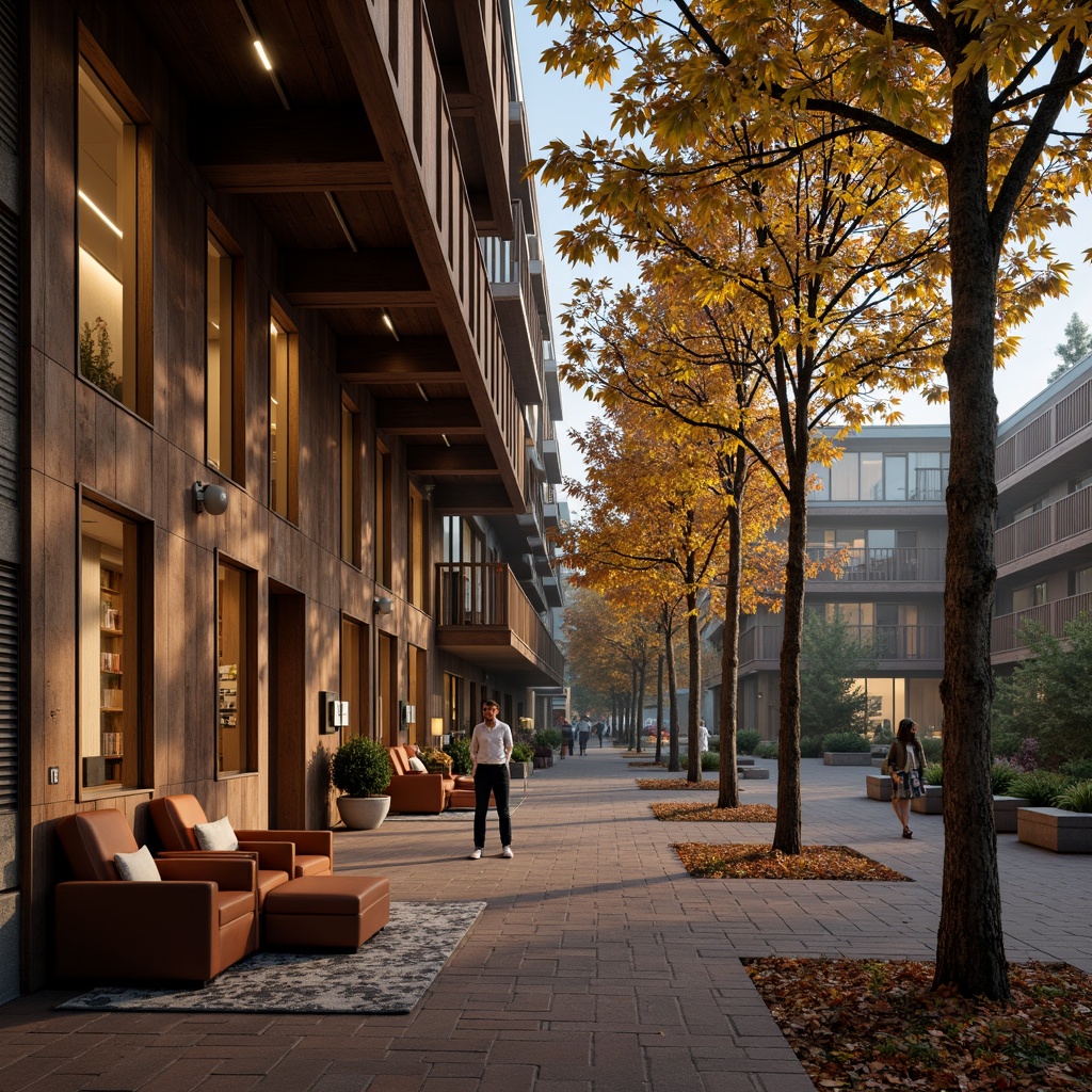 Prompt: Rustic university campus, reclaimed wood accent walls, earthy color palette, natural stone foundations, wooden beams, exposed ductwork, industrial metal lighting, cozy reading nooks, plush sofas, vintage rugs, distressed finishes, warm candlelight, autumnal foliage, brick paved pathways, mature trees, soft misty morning, shallow depth of field, 1/1 composition, warm atmospheric lighting, realistic textures.