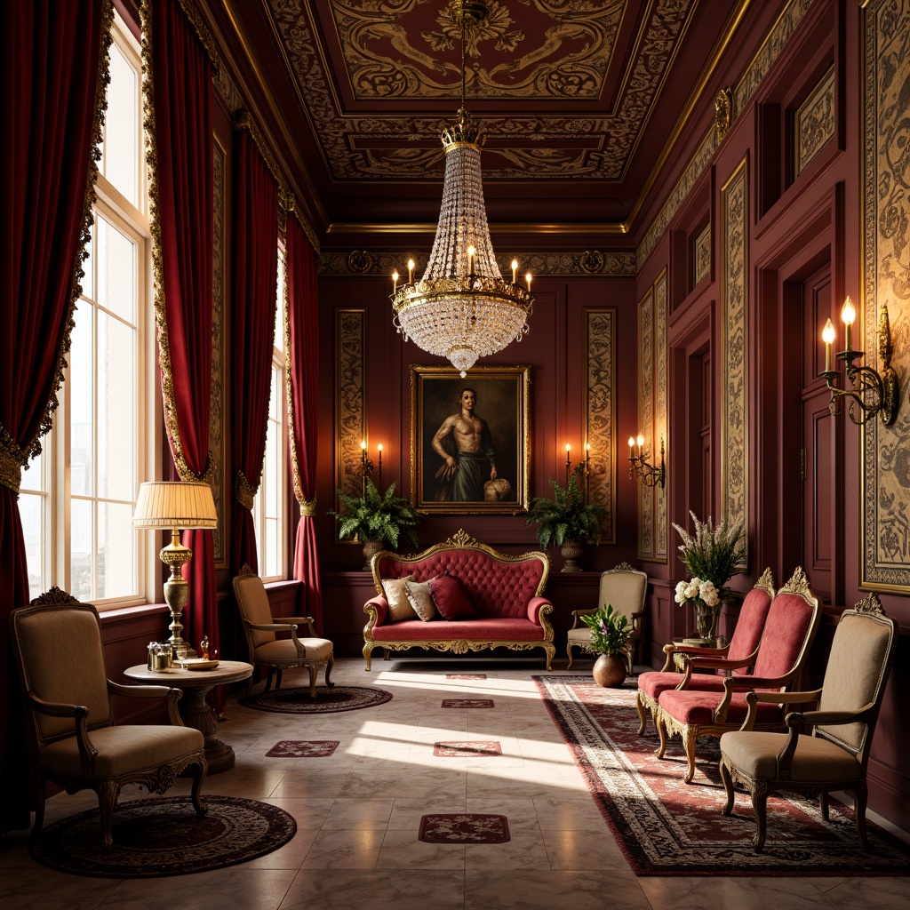 Prompt: Rich velvet drapes, golden tassels, ornate wooden furnishings, intricately carved chairs, luxurious silk upholstery, majestic crystal chandeliers, warm candlelight, lavish tapestries, Renaissance-inspired patterns, regal red and gold accents, opulent marble floors, grandiose architectural details, soft warm lighting, 1/1 composition, intimate atmosphere, realistic textures, ambient occlusion.