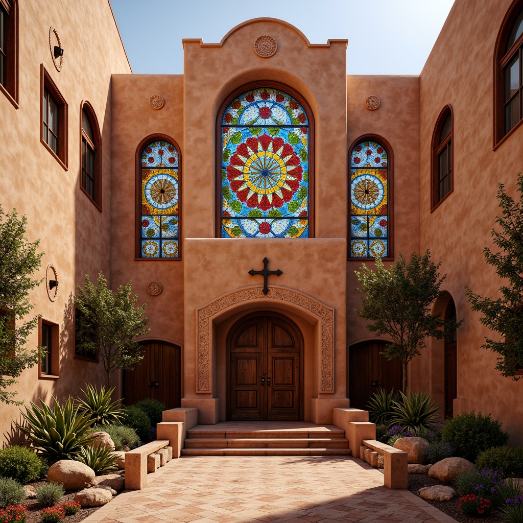 Prompt: Vibrant Southwestern church, ornate stained glass windows, kaleidoscope colors, geometric patterns, floral motifs, desert landscape, adobe architecture, terracotta tiles, rustic wooden doors, intricate stone carvings, warm golden lighting, soft diffused shadows, 1/1 composition, symmetrical framing, realistic textures, ambient occlusion.