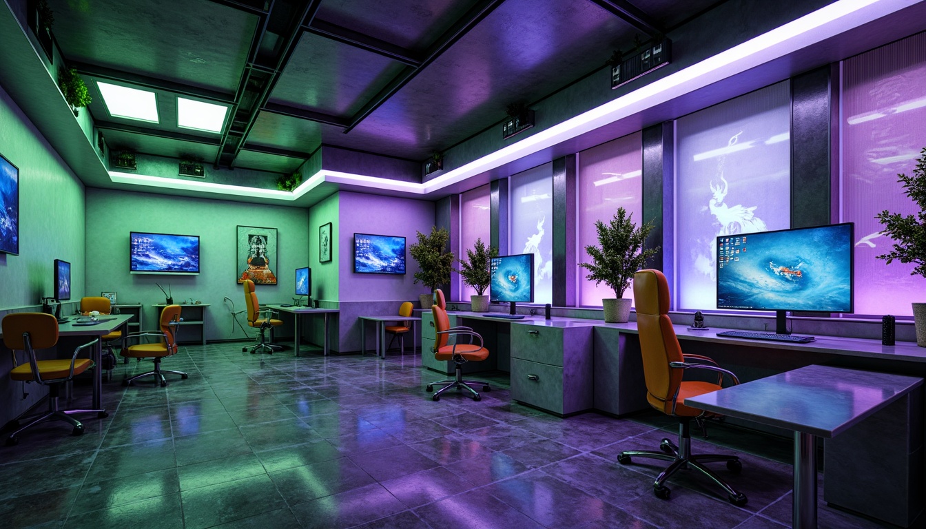 Prompt: Futuristic dorm room, metallic surfaces, neon-lit accents, high-gloss finishes, iridescent colors, holographic patterns, minimalist decor, sleek lines, angular shapes, LED lighting strips, glass tables, acrylic chairs, fiber-optic cables, virtual reality headsets, futuristic gadgets, neon-green glow, low-poly aesthetic, 3D-printed decorations, space-age inspired textures, ambient Occlusion, shallow depth of field, 1/1 composition, panoramic view.