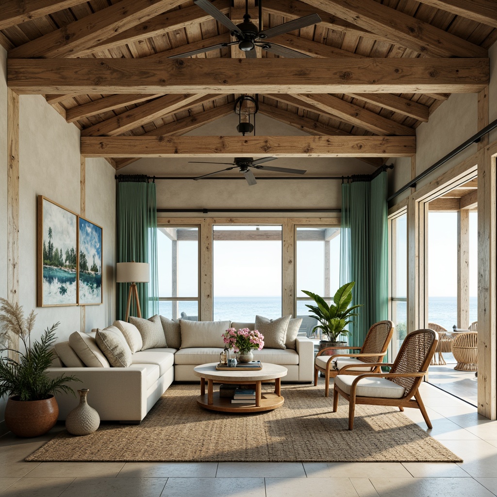 Prompt: Weathered wood accents, driftwood furniture, ocean-inspired color palette, sea salt-hued walls, sandy beige floors, natural fiber textiles, woven rattan chairs, nautical-themed decor, coral-patterned rugs, fish-scale tiles, distressed metal fixtures, reclaimed wooden beams, vaulted ceilings, large windows, coastal views, soft diffused lighting, warm sunny atmosphere, 1/1 composition, symmetrical layout, realistic textures.