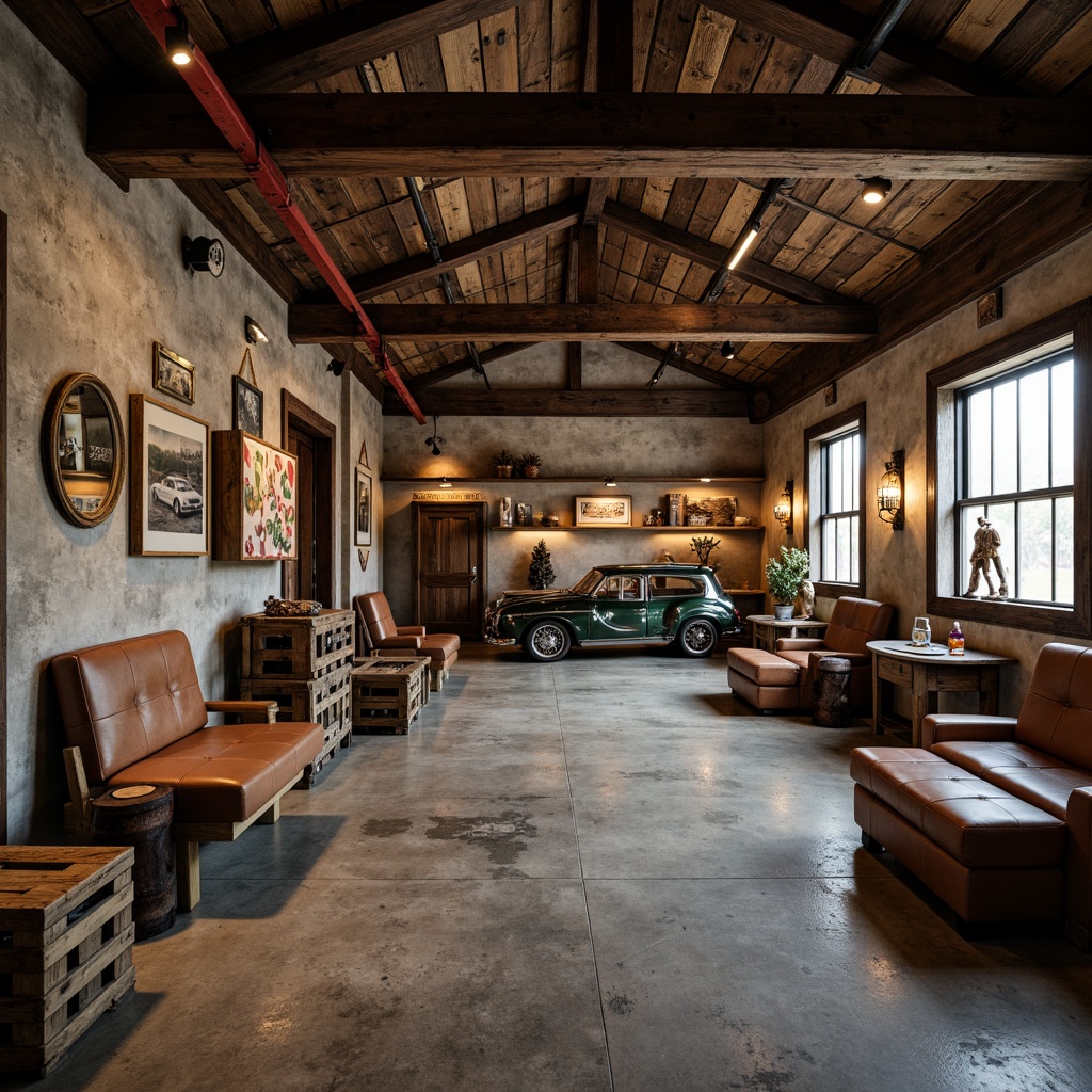 Prompt: Rustic garage interior, distressed wooden accents, metal beams, industrial lighting, rough concrete floors, weathered stone walls, vintage car displays, leather-upholstered benches, polished chrome fixtures, warm ambient lighting, shallow depth of field, 1/2 composition, realistic textures, ambient occlusion, worn wooden crates, rusty metal tools, nostalgic automobile memorabilia.