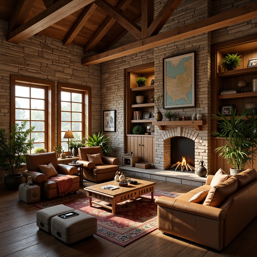 Prompt: Warm earthy tones, natural stone walls, wooden accents, cozy fireplaces, plush furnishings, rich leather textures, vintage maps, distressed wood floors, soft warm lighting, comfortable nooks, classic educational decor, nostalgic artifacts, rustic metal fixtures, earthy ceramics, warm beige colors, comforting atmospheric lighting, 3/4 composition, inviting depth of field, realistic textures, ambient occlusion.