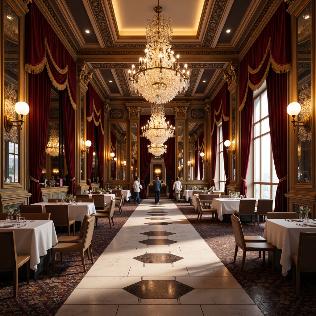 Prompt: Elegant dining hall, grand chandelier, ornate mirrors, lavish furnishings, velvet drapes, intricate moldings, polished marble floors, high ceilings, classical columns, symmetrical architecture, rich wood paneling, gilded accents, soft warm lighting, shallow depth of field, 3/4 composition, panoramic view, realistic textures, ambient occlusion, luxurious textiles, ornate patterns, subtle sheen, dignified atmosphere.