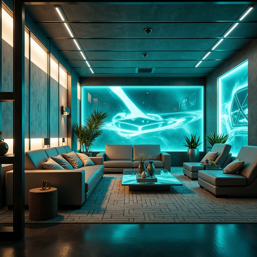 Prompt: Futuristic living room, sleek metal frames, neon-lit ambient lighting, holographic displays, levitating coffee tables, minimalist sofas, silver-gray upholstery, geometric-patterned rugs, glass-top side tables, cantilevered shelves, virtual reality headsets, retro-futuristic decorative accents, atmospheric fog machines, soft blue-green glow, shallow depth of field, 1/2 composition, cinematic lighting, realistic reflections.