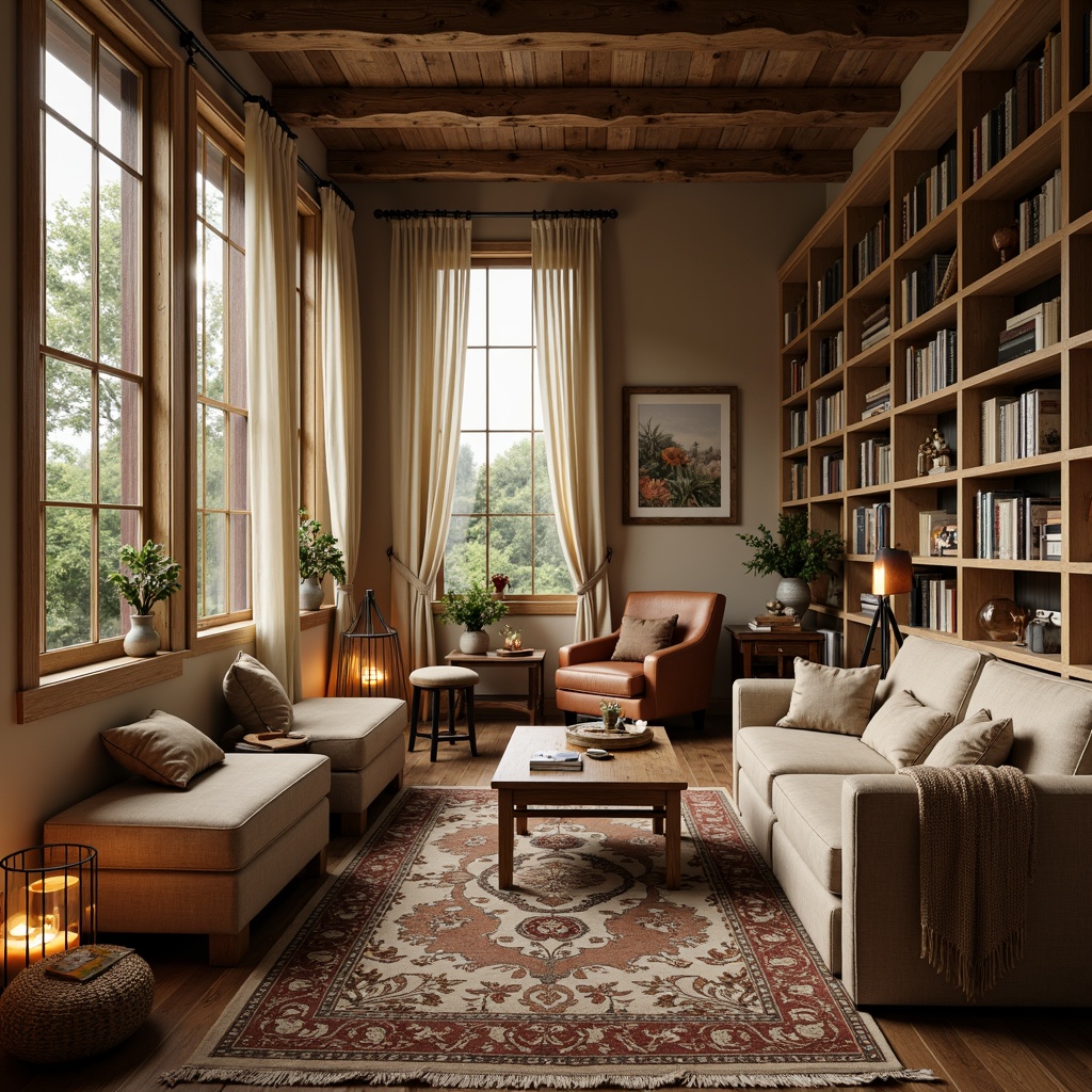 Prompt: Cozy farmhouse library, vintage bookshelves, distressed wood furniture, plush area rugs, warm beige walls, soft cream-colored curtains, rustic metal lanterns, candlelit ambiance, dimmable table lamps, floor-to-ceiling windows, natural daylight, warm golden lighting, layered lighting design, 3-point lighting setup, warm-toned wooden accents, comfortable reading nooks, textured throw blankets, nature-inspired artwork, botanical prints, soft warm color palette, inviting atmosphere, panoramic view of surrounding landscape.