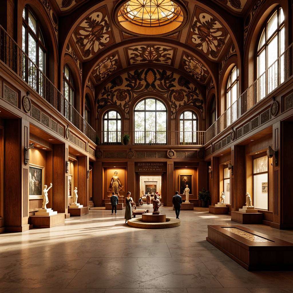 Prompt: Ornate museum interior, Art Nouveau style, flowing curves, organic patterns, warm golden lighting, rich wood paneling, ornamental metalwork, stained glass windows, intricate moldings, luxurious velvet drapes, elegant marble floors, ornate decorative ceilings, subtle gradient colors, soft box lighting, 1/1 composition, realistic reflections, ambient occlusion, fine art displays, sculpture pedestals, interactive exhibits, museum signage, sophisticated wall treatments.