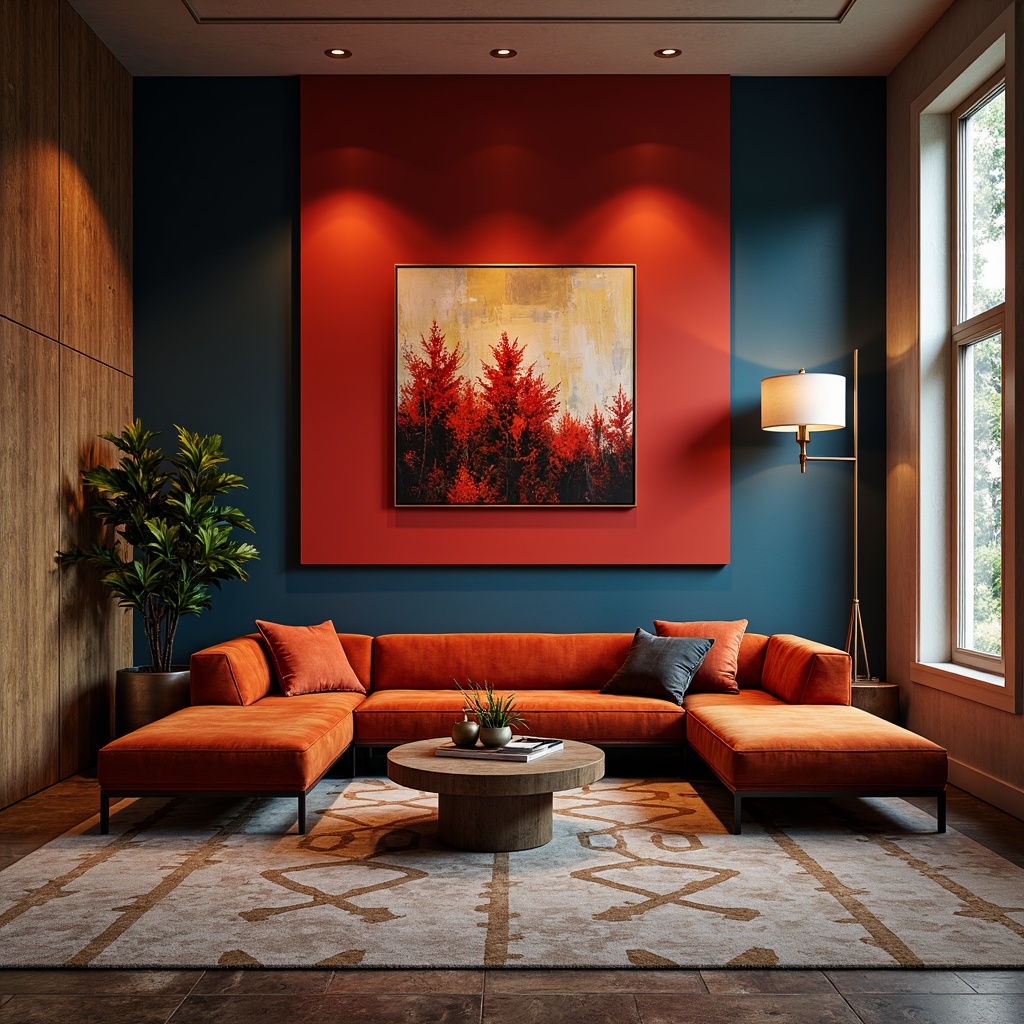 Prompt: Vibrant accent walls, bold color blocking, modern abstract art, sleek metallic frames, contrasting textures, luxurious fabrics, statement furniture pieces, eclectic decorative objects, geometric patterned rugs, natural stone flooring, dramatic LED lighting, warm ambient glow, shallow depth of field, 1/1 composition, realistic renderings, high-contrast visuals.