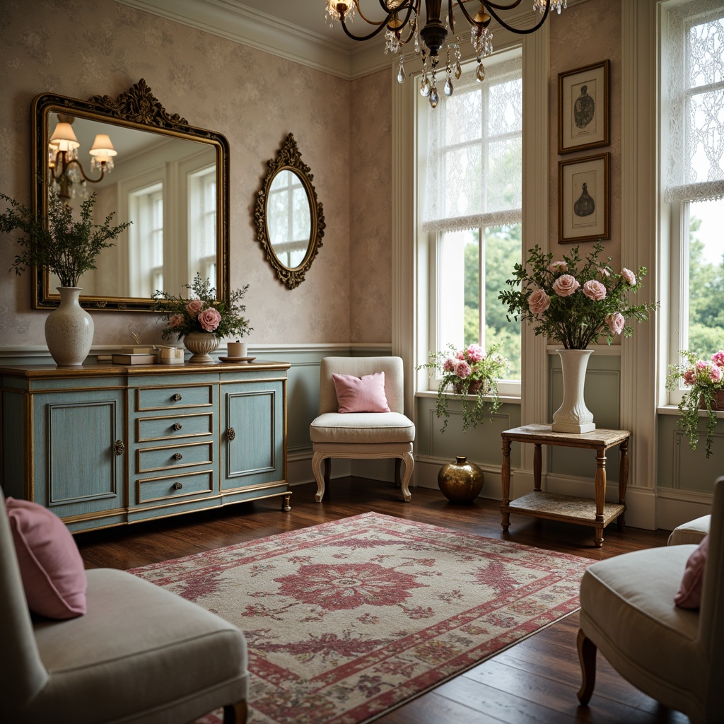 Prompt: Vintage distressed finish, soft pastel hues, ornate mirrors, delicate florals, lace trimmings, velvet upholstery, antique hardware, crystal chandeliers, rustic wood accents, distressed cabinets, feminine decorative accessories, porcelain vases, floral patterned rugs, tufted ottomans, elegant candelabras, warm ambient lighting, 1/1 composition, intimate close-up shot, soft focus blur, romantic warm color tone.