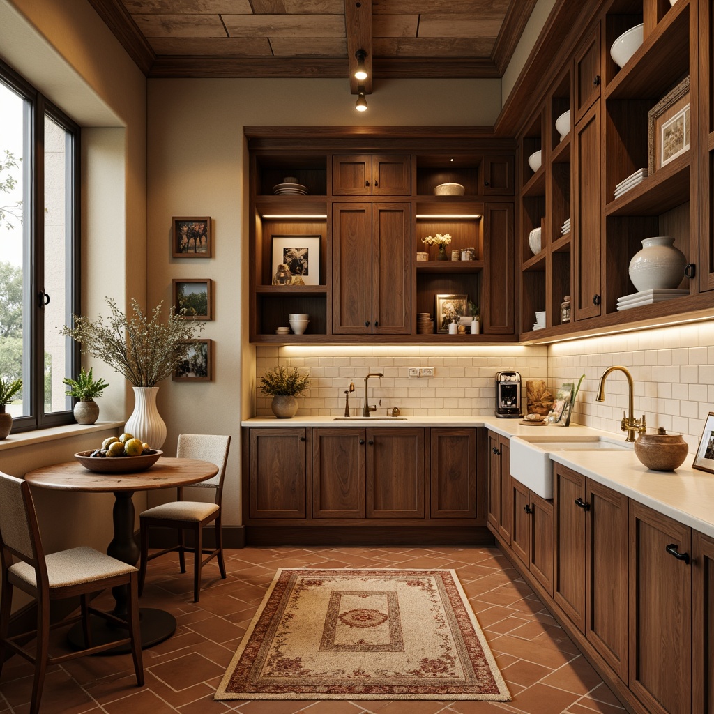 Prompt: Warm beige walls, rich walnut wood accents, vintage bronze metal fixtures, earthy terracotta flooring, soft cream-colored countertops, classic white subway tiles, ornate golden lighting, rustic wooden crates, distressed leather textures, natural fiber rugs, warm ambient lighting, 1/1 composition, realistic reflections, subtle gradient maps.