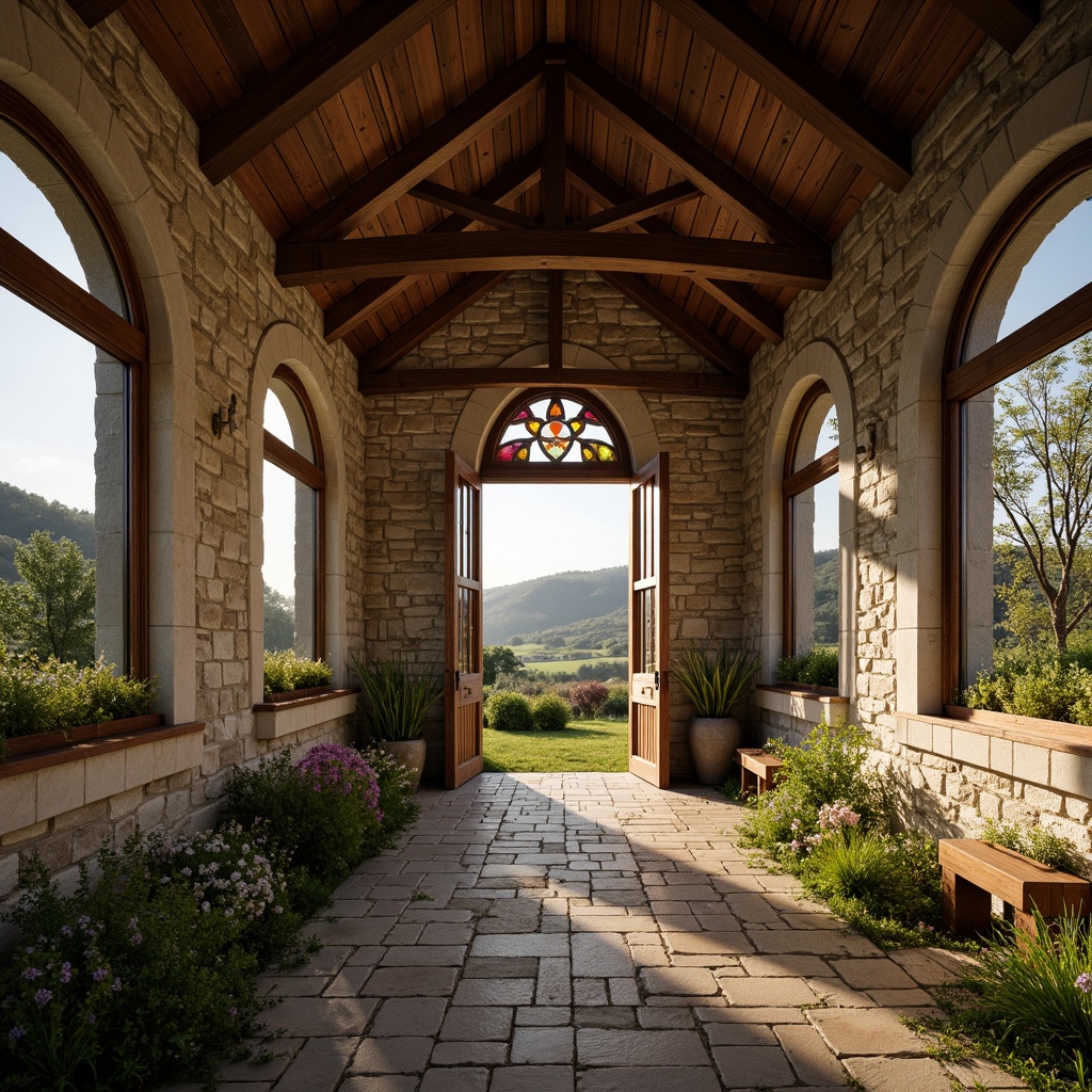 Prompt: Rustic vernacular chapel, stone walls, wooden beams, stained glass windows, soft warm natural light, gentle illumination, serene atmosphere, countryside surroundings, rolling hills, lush greenery, blooming wildflowers, tranquil ambiance, subtle shadows, shallow depth of field, 1/2 composition, realistic textures, ambient occlusion.