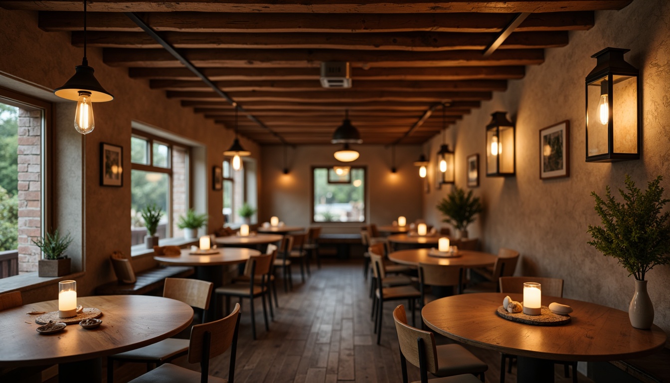 Prompt: Rustic farmhouse restaurant, wooden beams, vintage metal lanterns, pendant lights, Edison bulbs, distressed wood accents, natural stone walls, earthy color palette, warm cozy ambiance, candlelit tables, soft warm lighting, shallow depth of field, 1/1 composition, realistic textures, ambient occlusion.