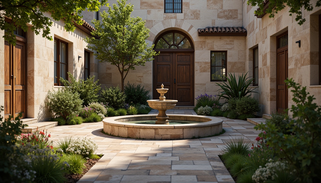 Prompt: Weathered stone walls, rustic wooden doors, ornate iron gates, tranquil courtyard, serene fountain, lush greenery, vibrant flowers, arched windows, stained glass, intricate tile work, warm earthy tones, soft natural lighting, shallow depth of field, 1/2 composition, realistic textures, ambient occlusion, peaceful ambiance.