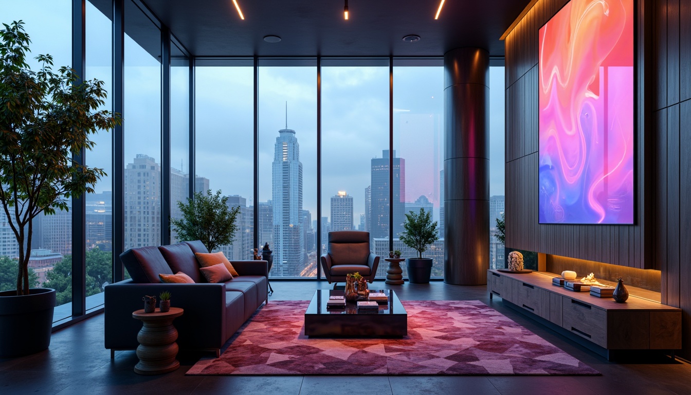 Prompt: Eco-friendly futuristic living room, sleek minimalist decor, recycled metal accents, low-carbon footprint furniture, energy-efficient LED lighting, floor-to-ceiling glass windows, panoramic city views, misty atmospheric effects, shallow depth of field, 3/4 composition, vibrant neon color schemes, geometric patterned rugs, ambient occlusion, soft glowing ambiance, metallic wall textures, holographic display screens, levitating decorative objects, zero-gravity inspired seating areas.