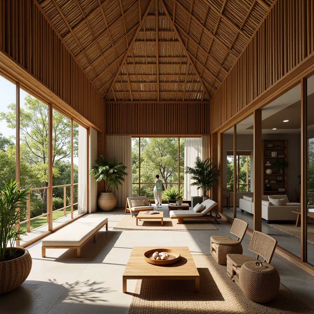 Prompt: Organic bamboo structures, natural textures, earthy tones, woven fibers, rattan furniture, plants with tropical leaves, warm lighting, subtle shadows, wooden accents, minimalist decor, calm ambiance, serene atmosphere, floor-to-ceiling windows, sliding glass doors, outdoor connections, natural ventilation, sustainable materials, eco-friendly design, Zen-inspired aesthetic, simple color palette, 1/2 composition, soft focus, realistic rendering.