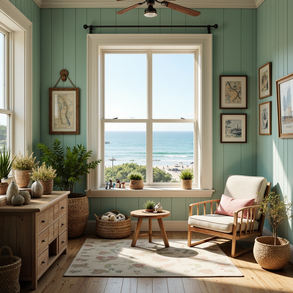 Prompt: Coastal craft room, serene ocean views, driftwood furniture, woven sea grass baskets, shell decorations, calming turquoise walls, creamy white trim, weathered wooden floors, vintage nautical maps, soft golden lighting, beachy textures, natural fibers, soothing color palette, ocean-inspired hues, gentle wave patterns, sandy beige accents, refreshing mint green highlights, coral pink pops, sunny day ambiance, shallow depth of field, 1/1 composition.