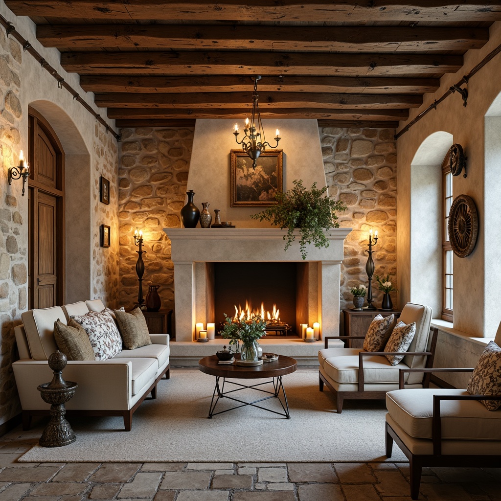 Prompt: Rustic stone walls, earthy tones, natural textures, distressed wood accents, vintage metal decorations, warm candle lighting, cozy atmosphere, traditional furnishings, classic color palette, soft focus, shallow depth of field, 1/1 composition, realistic materials, ambient occlusion, warm beige colors, creamy whites, weathered wooden beams, ornate metalwork, aged brick surfaces, natural stone flooring.