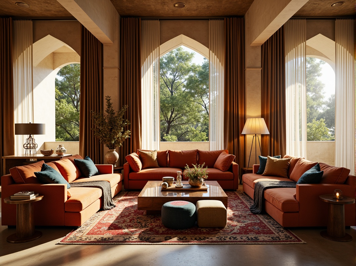 Prompt: Luxurious living room, plush velvet sofas, intricately patterned Moroccan-inspired rugs, soft golden lighting, elegant drapes with subtle sheen, tactile throw blankets in warm neutral tones, comfortable oversized pillows, richly upholstered armchairs, ornate wooden coffee tables, vibrant colorful ottomans, floor-to-ceiling windows, natural stone walls, modern minimalist architecture, shallow depth of field, 1/2 composition, soft focus, realistic textures.